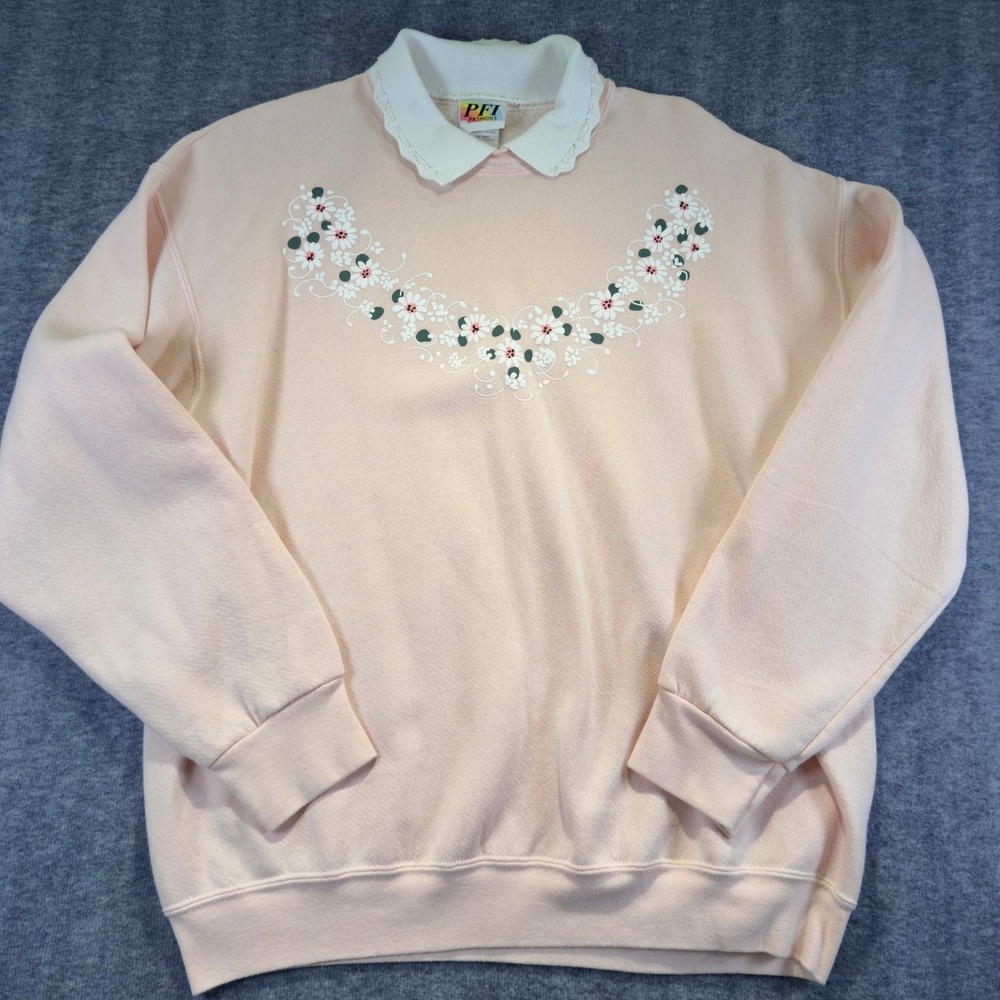 PFI Fashions Womens Vintage Pink Floral Sweatshirt Lace Collar Crewneck Large